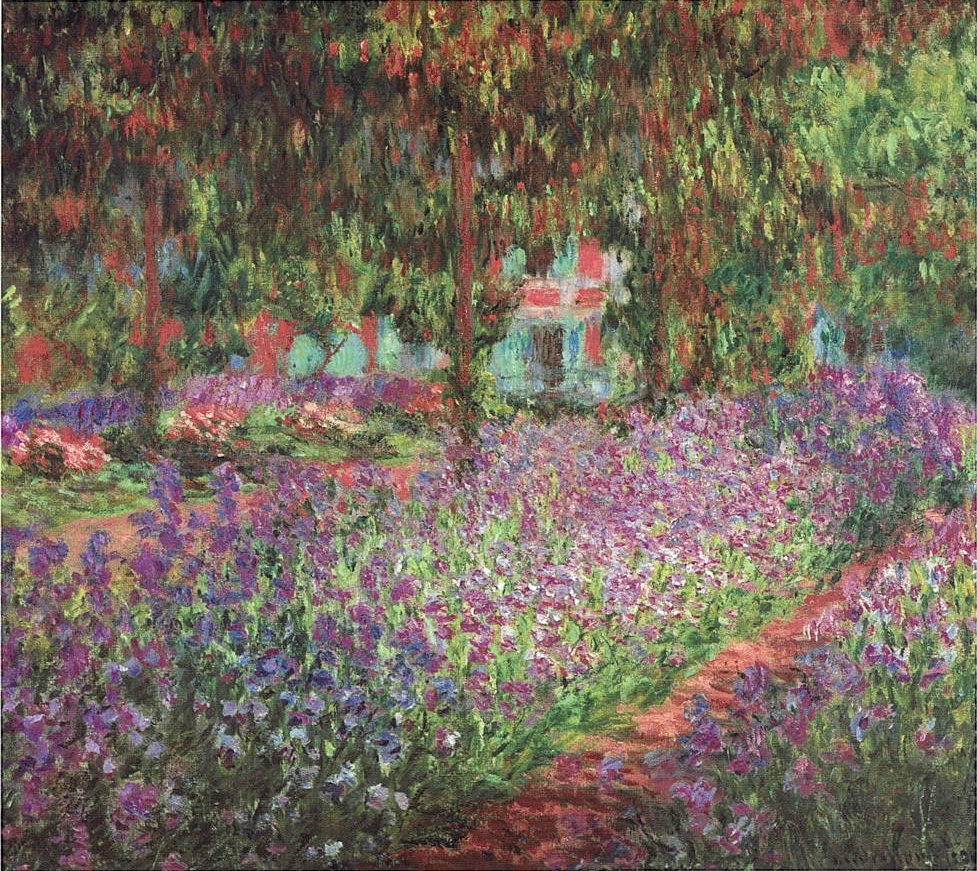 Impressionsit painting by Monet of flowers and greenery in a garden