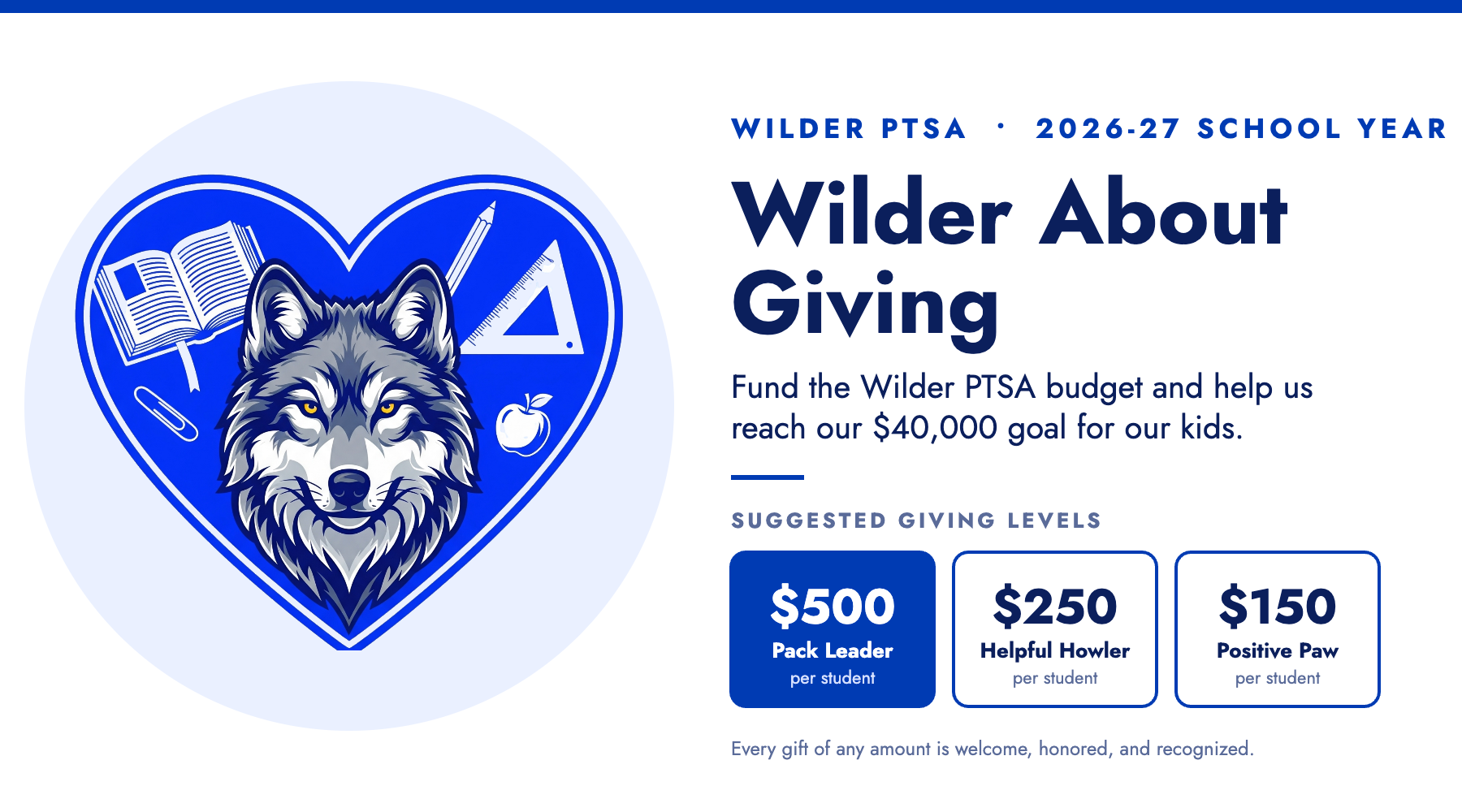 Wilder About Giving 2026-27: Fund the Wilder PTSA budget, $40,000 goal. Giving levels: Pack Leader $500, Helpful Howler $250, Positive Paw $150 per student.